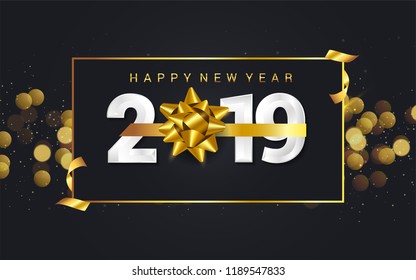 Happy new year 2019 vector illustration with golden ornaments isolated on black background