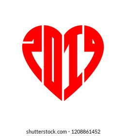Happy new year 2019. Vector heart with new year date. Original design element for greeting card.