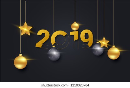 Happy new year 2019 vector illustration  isolated on black background