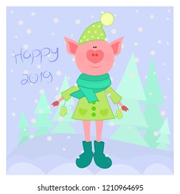 Happy New Year 2019 vector greeting card with cute cartoon pig with heart shaped snout dressed in coat, hat with pompom, scarf, boots and mittens. Winter background with Christmas trees, falling snow