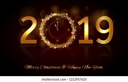 Happy New Year 2019 - Vector New Year background with gold clock on shining black background 