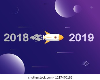 Happy new year 2019. Vector illustration Good Bye 2018 rocket launcher fly welcoming 2019.