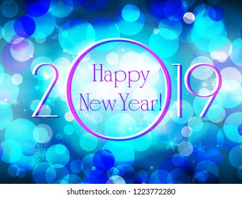 Happy New Year 2019 vector blue greeting card, glittering defocused bokeh winter vector background