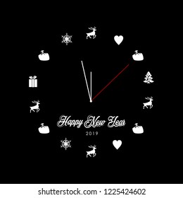 Happy New Year 2019 - Vector New Year background with clock on black 