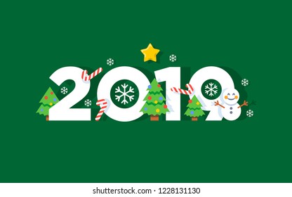 Happy new year 2019 vector greeting card background with flat style emoticons and christmas trees