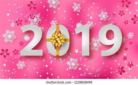 Happy New Year 2019 - Vector New Year background with snow and flowers on sweets pink background.