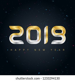 Happy new year 2019 vector background with gold and silver letters and numbers. Vector brochure design template. Cover with wishes. 2019 holiday greeting card with confetti and glitter.