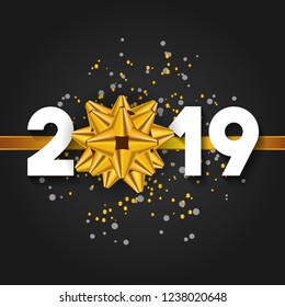 Happy New Year 2019 vector greeting card with golden gift bow