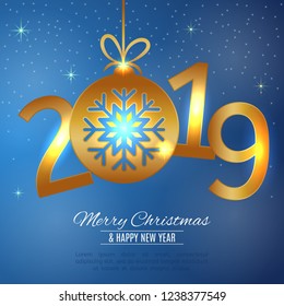 Happy New Year 2019 - Vector New Year background with gold Snowflake on shining black background