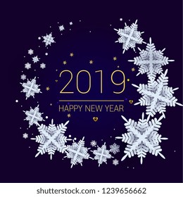 happy new year 2019, vector illustration map, 3D snowflakes vector