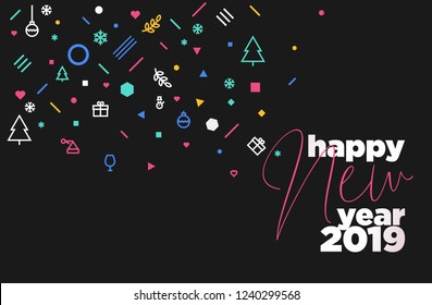 Happy New Year 2019. Vector illustration concept for background, greeting card, website and mobile website banner, party invitation card, social media banner, marketing material.