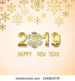 happy new year 2019 vector greeting card and poster design with golden snowflakes. Logo banner design holiday card