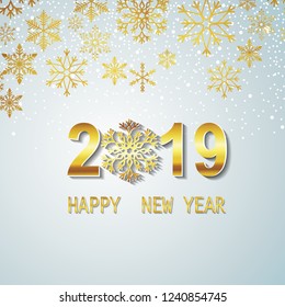 happy new year 2019 vector greeting card and poster design with golden snowflakes. Logo banner design holiday card 