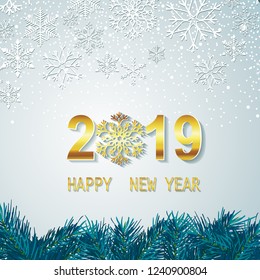 happy new year 2019 vector greeting card and poster design with   snowflakes. Logo banner design holiday card on blue background, snowflakes pattern