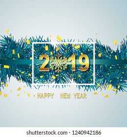 happy new year 2019 vector greeting card and poster design  Logo banner design holiday card on blue background, snowflakes pattern.