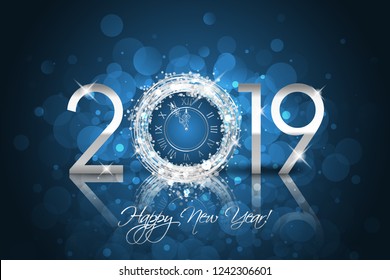 Happy New Year 2019 - Vector New Year card with silver clock on blue background