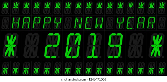 Happy New Year 2019. Vector illustration of an electronic 16 elements LED display with new year greetings. English version. All elements groupped and sorted in layers for easy editing.