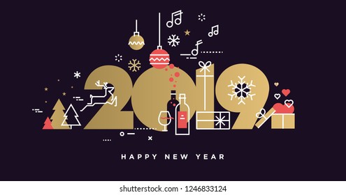 Happy New Year 2019. Vector illustration concept for background, greeting card, website and mobile website banner, party invitation card, social media banner, marketing material.