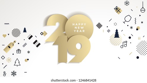 Happy New Year 2019. Vector illustration concept for background, greeting card, website and mobile website banner, party invitation card, social media banner, marketing material.