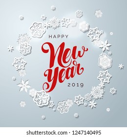 Happy New Year 2019 vector lettering in black and red colors. White paper snowflakes on light blue background. Festive ornate Xmas typography. Hand drawn clip art. 