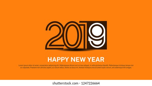 Happy New Year 2019 vector design with multiple line number on orange background for holiday greeting card, invitation, calendar poster, banner