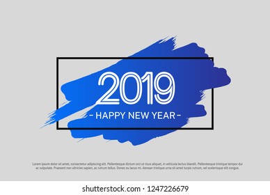 Happy New Year 2019 vector design blue brush and square isolated on white background