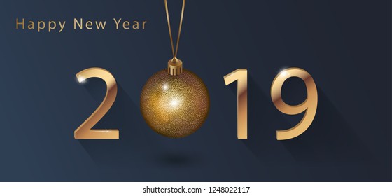 Happy New Year 2019 Vector  illustration  golden numbers and ball against a dark background, festive design