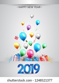 Happy new year 2019. Vector design for holiday celebration purpose. illustration with balloons, gift box, and confetti colorful style