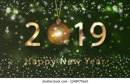 Happy New Year 2019 Vector  illustration  golden numbers and ball against a dark background, festive design