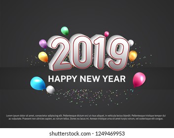 Happy new year 2019 vector design big white number with colorful balloons nad glitter on black background