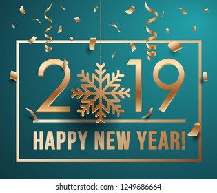 Happy New Year 2019 Vector greeting card illustration with golden snowflake decoration and confetti on turquoise background