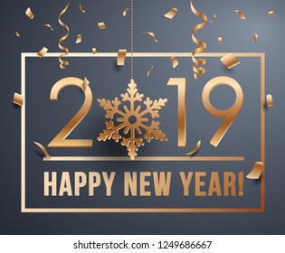Happy New Year 2019 Vector greeting card illustration with golden snowflake decoration and confetti on grey background