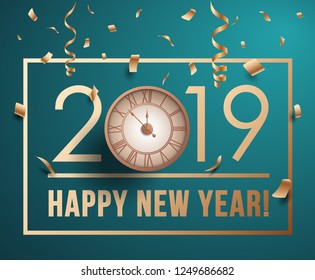 Happy New Year 2019 Vector greeting card illustration with clock counting back and confetti on turquoise background