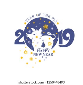 Happy New Year 2019. Vector template 2019 with cut out silhouette of a cute pig boar. Snowflakes and yellow stars Christmas and tree. Decorative element for New Year design.
