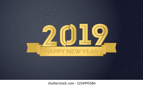 Happy new year 2019 vector illustration on black background with gold ornament.