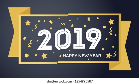 Happy new year 2019 vector illustration on black background with gold ornament.