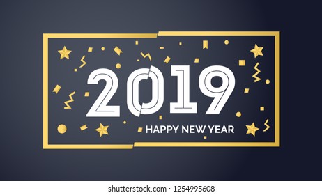 Happy new year 2019 vector illustration on black background with gold ornament.