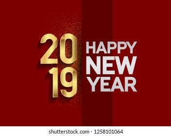 Happy new year 2019. Vector illustration design golden number with glitter on red background for greeting card, poster and celebration purpose