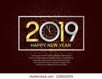 Happy new year 2019. Vector illustration design silver and golden color with clock in square on glitter background