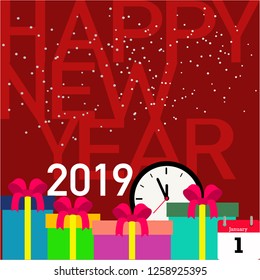 Happy new year 2019 vector with colorful hearts and present gifts box on first day of january calendar at Winter midnight time.