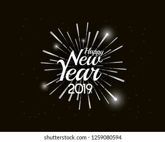 Happy new year 2019. Vector illustration design silver color with fireworks
