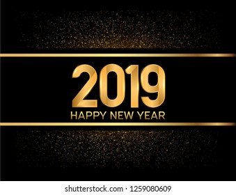 Happy new year 2019. Vector illustration design with elegance golden glitter isolated on black background