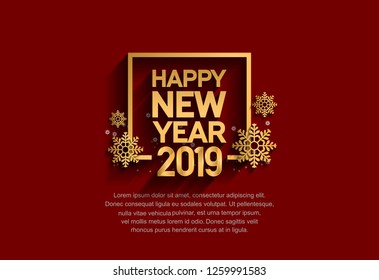Happy new year 2019. Vector illustration design golden color in square with snowflakes isolated on red background