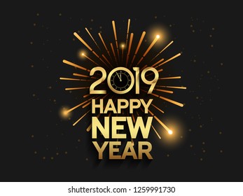 Happy new year 2019. Vector illustration design golden color with shiny fireworks on night sky background