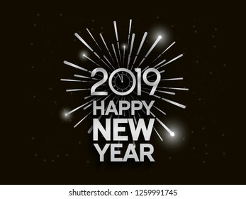 Happy new year 2019. Vector illustration design silver color with shining fireworks on black background