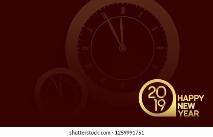 Happy new year 2019. Vector illustration design golden color on clock background 