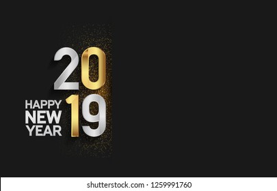 Happy new year 2019. Vector illustration design golden and silver color with glitter on black background