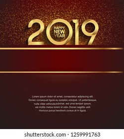 Happy new year 2019. Vector illustration design golden color with glitter on red background for greeting card