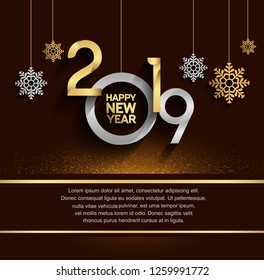 Happy new year 2019. Vector illustration design silver and golden hanging number with snowflakes on brown background 