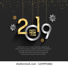 Happy new year 2019. Vector illustration design silver and golden color hanging on black background with snowflakes